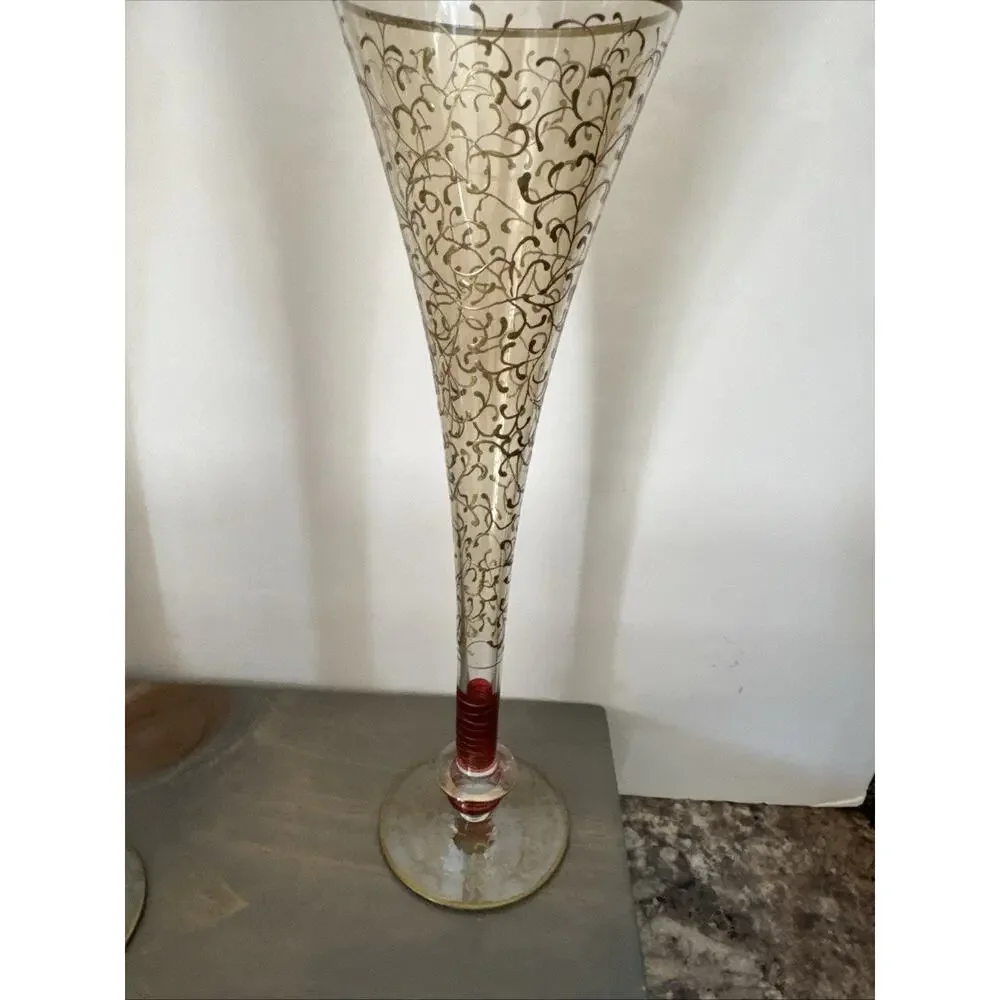 Pier 1 Rioja Hand Blown Champagne Flutes Ruby Red Stem Gold Scroll Set Of 6 Rare